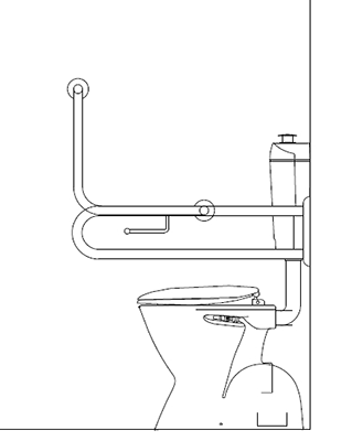 Ambulant Toilet Overlay with Lift Up Grabrail, note how tis delete the oppotunity for someone with an ambulant disability to be able to grab a handrail on both sides to pull themselves up