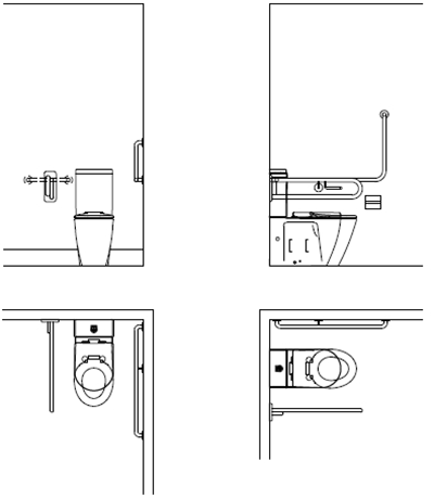Standard Accessible Toilet Layout with Lift Up Grab Rail in Down Position