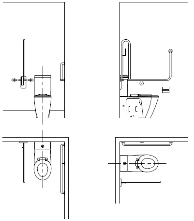 Standard Accessible Toilet Layout with Lift Up Grab Rail in Up Position. Note how it will impede someone doing a side transfer onto teh pan. They no longer will have the short length of handrail to grab onto