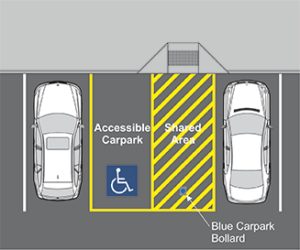 Single bay disabled carpark with blue bollard