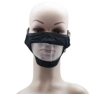 Black Adult Mask Fabric with Clear Mouth Shield and Adjustable Earloops for Deaf