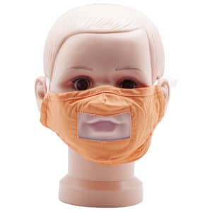 Orange Child Mask Fabric with Clear Mouth Shield and Adjustable Earloops for Deaf